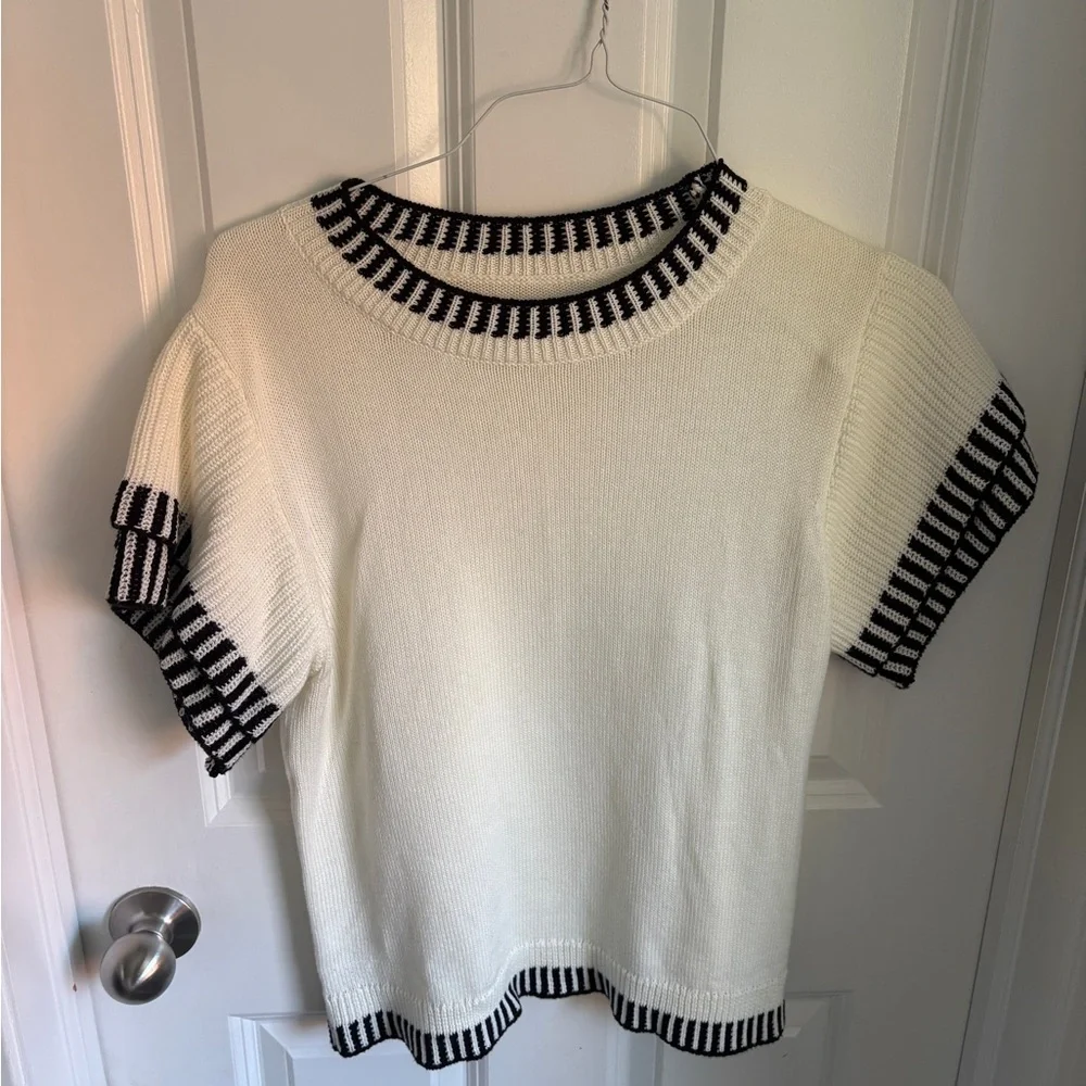 Striped Trim Ruffle White Sweater Blouse Women’s Large Preppy Elegant Girly - Picture 2 of 4